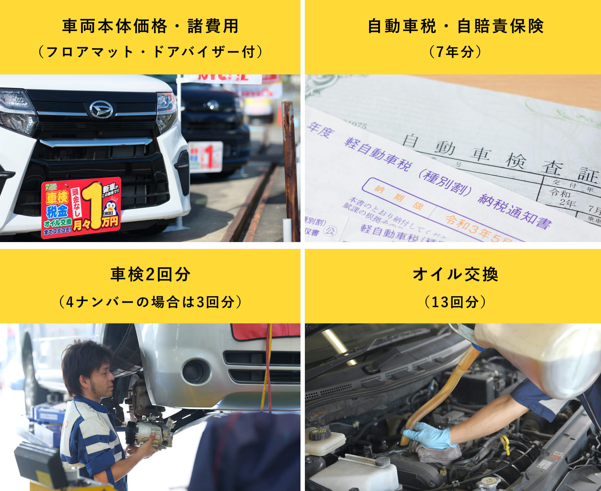 車両本体価格・諸費用(フロアマット・ドアバイザー付)/自動車税・自賠責保険(7年分)/車検2回分(4ナンバーの場合は3回分)/オイル交換(13回分)